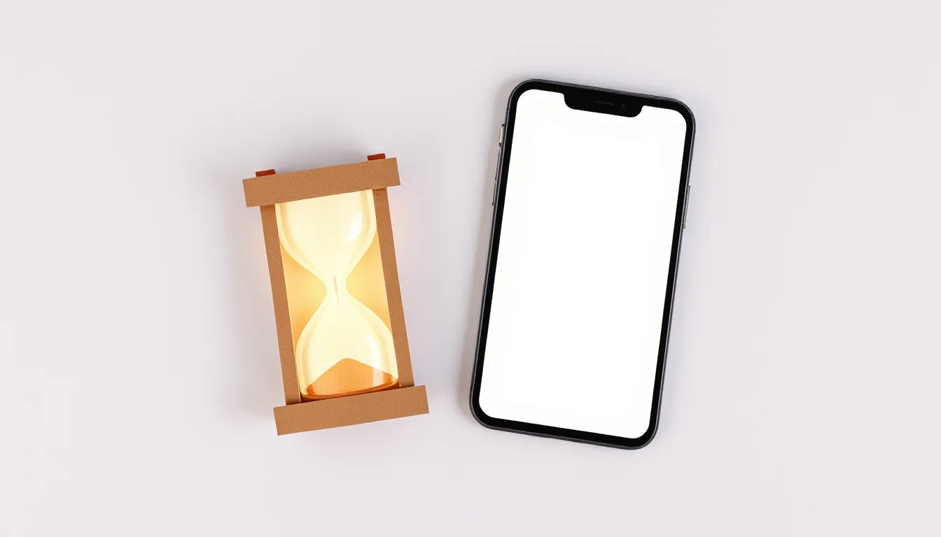 A small paper hourglass next to a smartphone with a blank, glowing screen