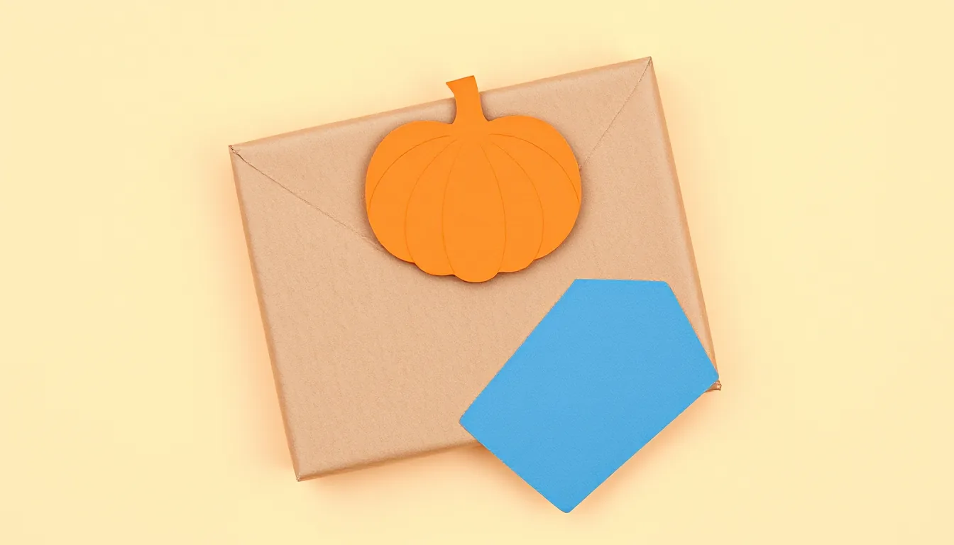 A kraft paper parcel with a cut-out paper pumpkin on top