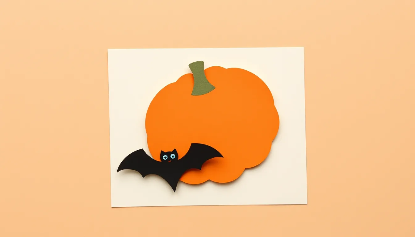 An orange paper pumpkin next to a small black paper bat