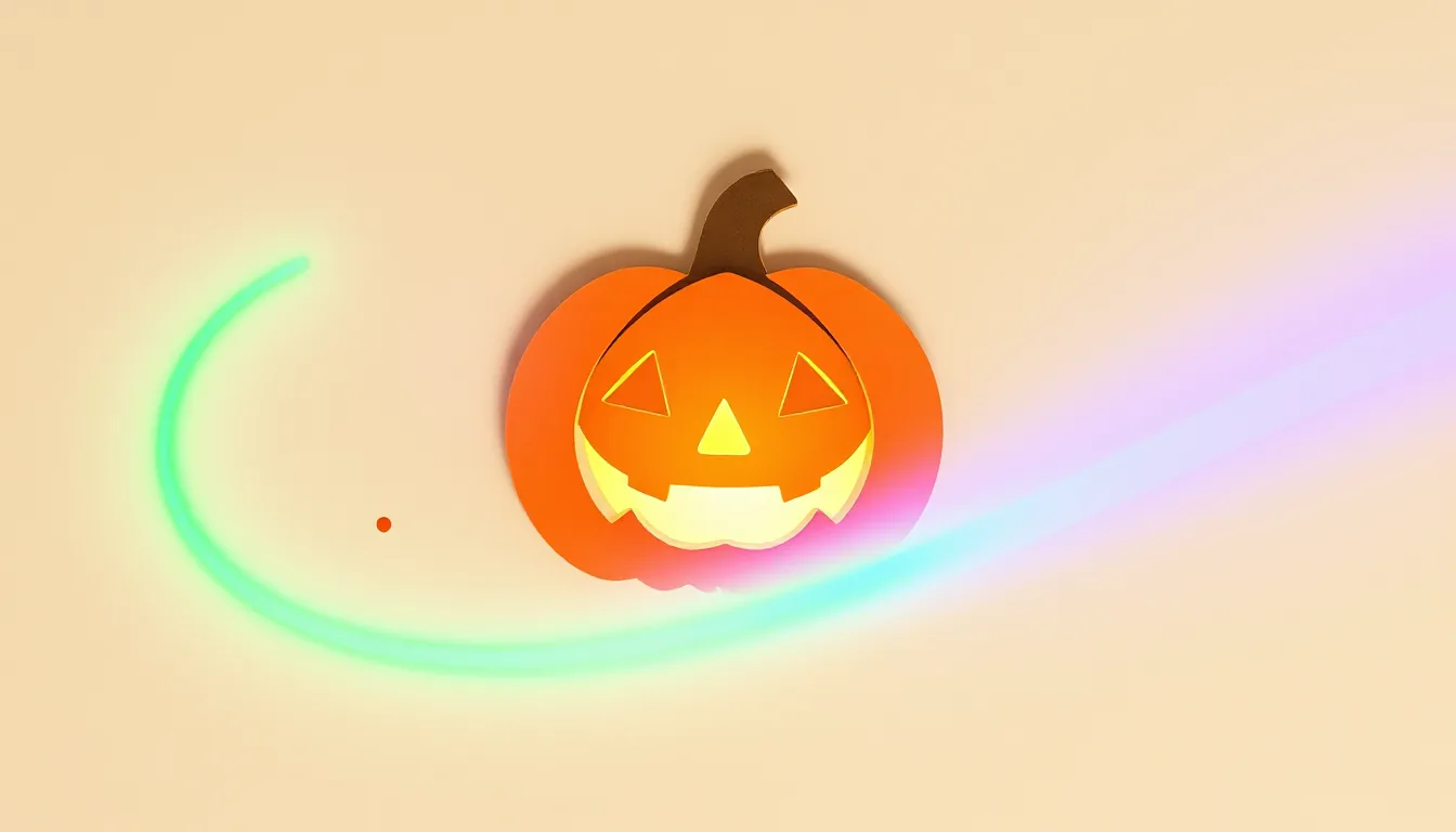 A carved pumpkin lit by candlelight, with green and purple laser beams crossing around it