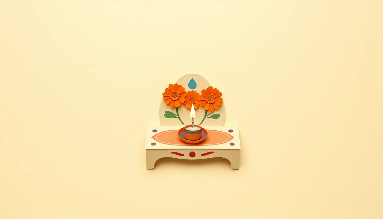 A small paper altar with paper marigolds and a candle