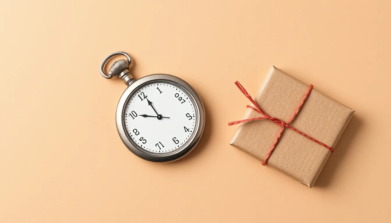 A paper pocket watch sits next to a small parcel on a plain kraft paper background
