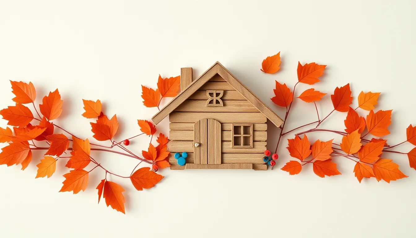 A small paper cabin among orange paper leaves