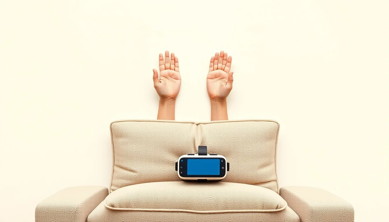 Two open hands above a couch cushion, with a VR controller set aside next to them