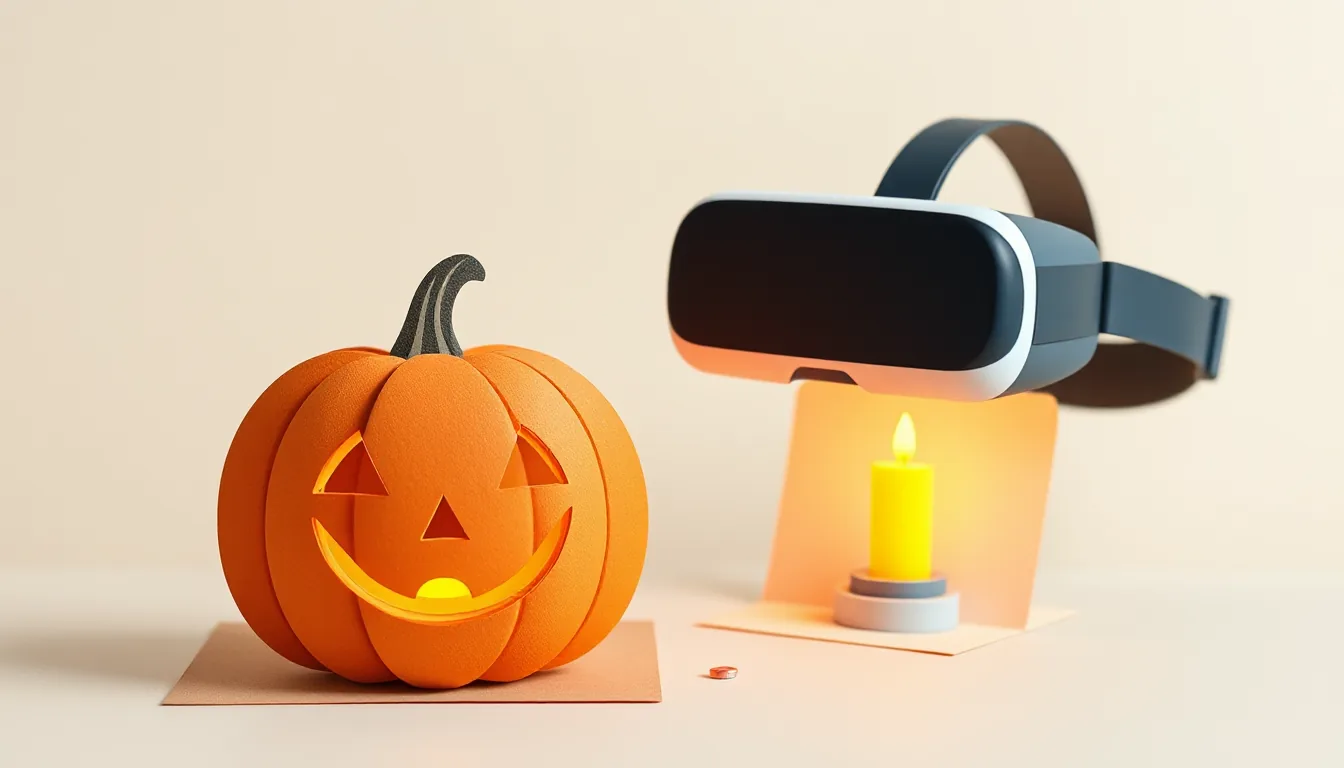 A paper pumpkin with candlelight next to a VR headset on a table