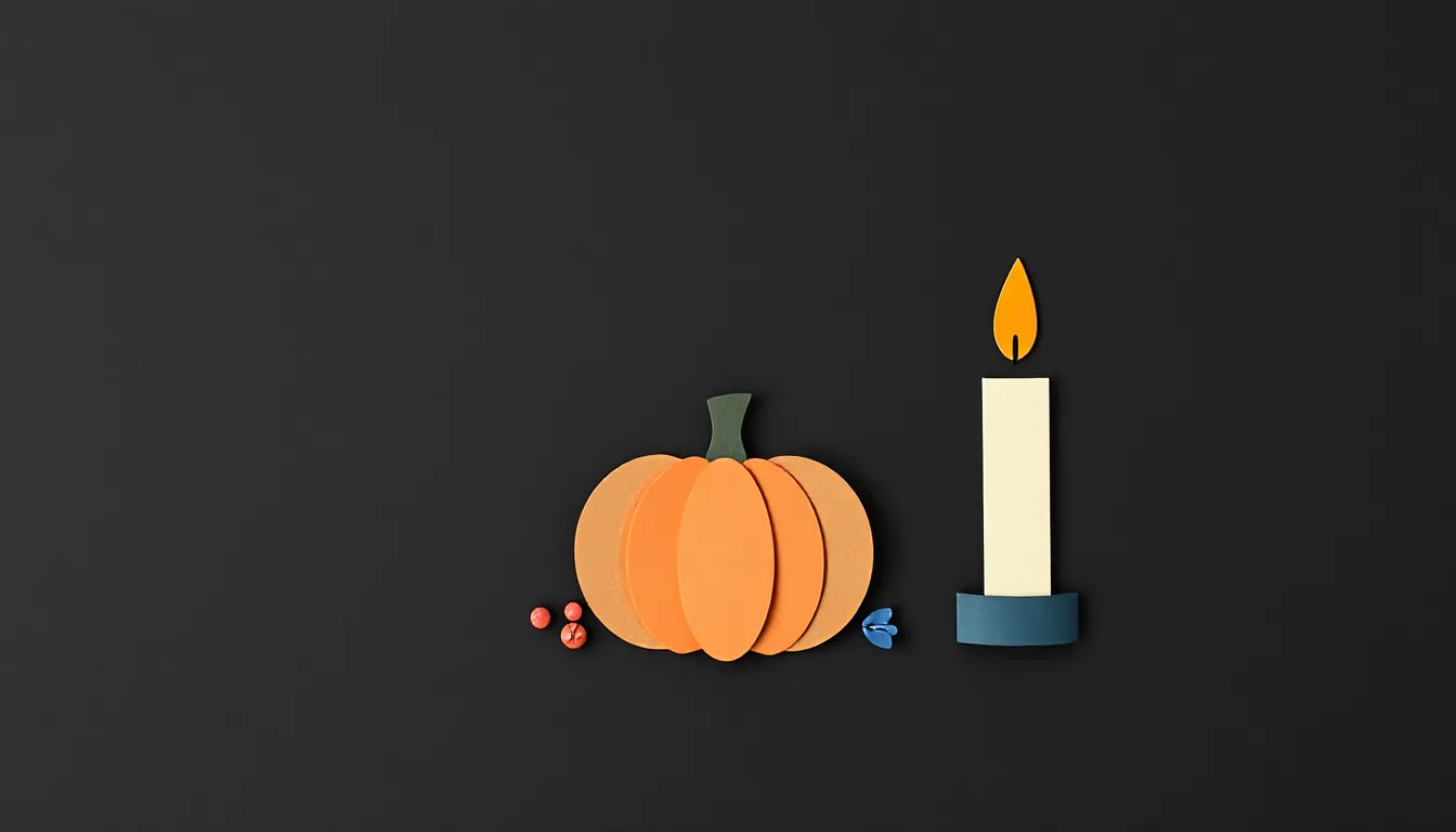 A small paper pumpkin sits next to a burning paper candle on a dark background