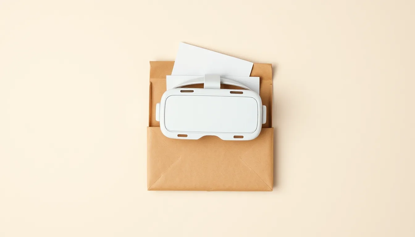An open paper parcel with a VR headset peeking out, on a plain background